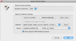 Advanced OpenCL/OpenGL settings screen in JavaCL's Particles Demo